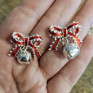 Jingle Bell Red and Silver Bow Christmas Holiday Earrings